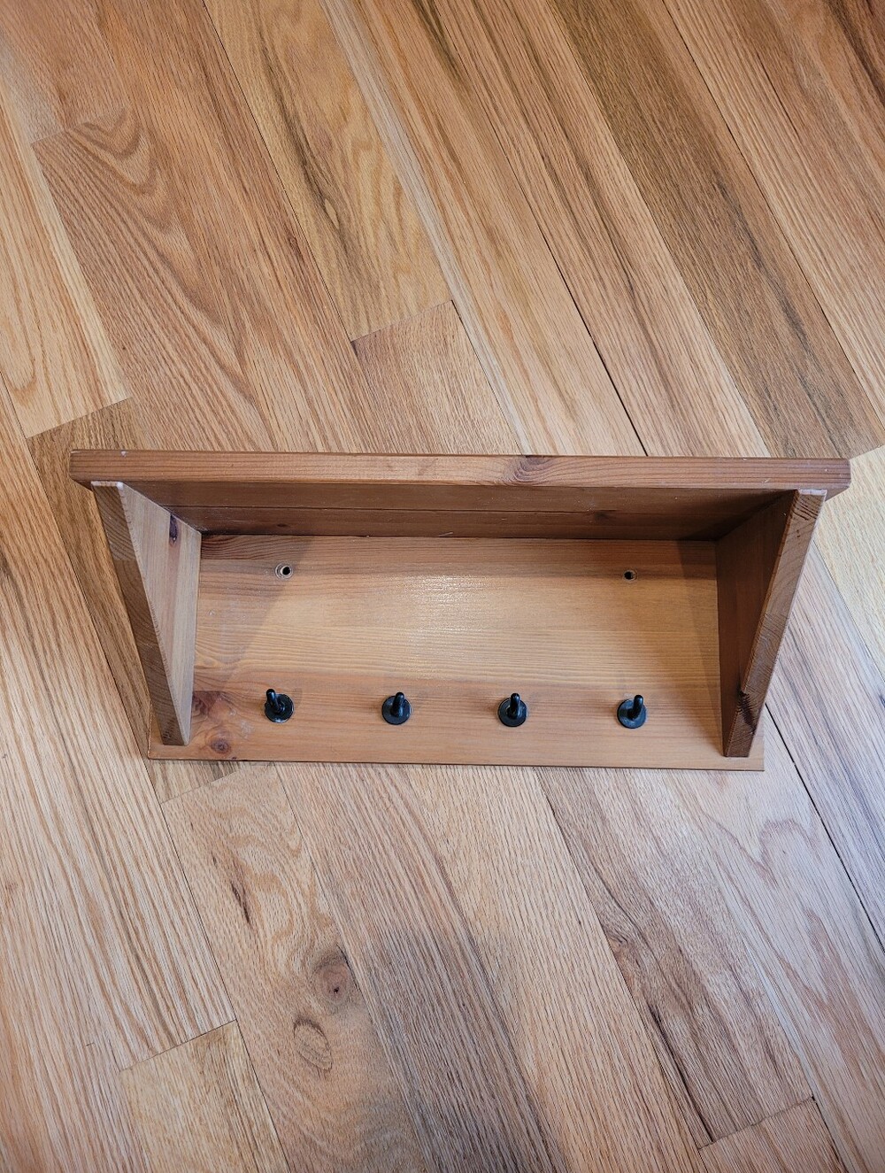 Wood Wall Shelf with 4 Black Hooks